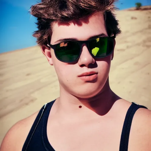 Prompt: portrait of a curvy teenage boy around 2 0 yo. detailed face. tanktop, sunglasses.