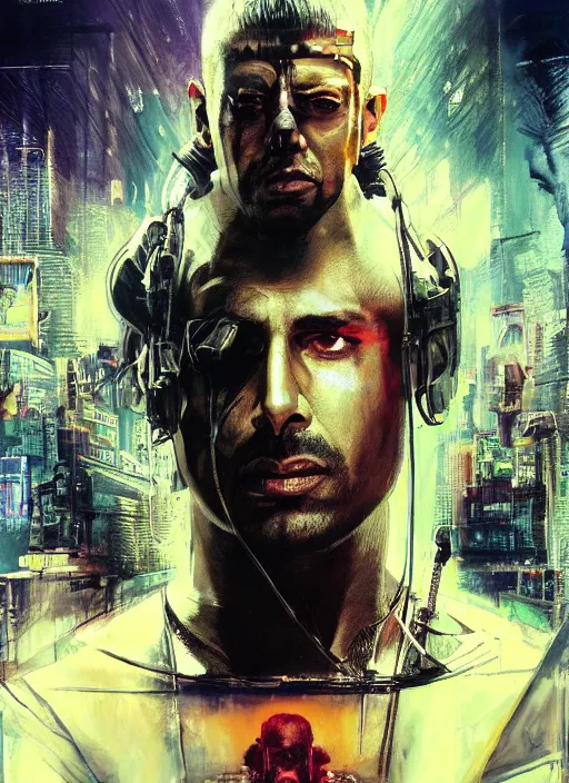 Image similar to cyberpunk military indian man ( blade runner 2 0 4 9, dystopian, cyberpunk 2 0 7 7 character design ), advanced warfare, attractive face. portrait by james gurney and laurie greasley and yoji shinkawa, oil on canvas. cinematic composition, hyper realism, realistic proportions, anatomy, dramatic lighting, photorealistic, high detail, 4 k