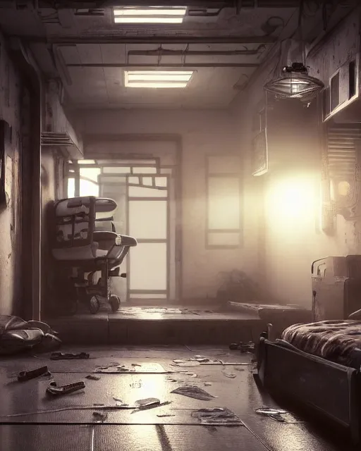 Prompt: artstation scifi scene of a a shabby chinese ward, a bouquet of light on the ground business card, huge floor - to - ceiling fan, wheelchair, crutches, dust, paneled walls, unreal engine 5, hyper realism, realistic shading, cinematic composition, blender render, octane render, hdr, detailed textures, photorealistic, wide shot