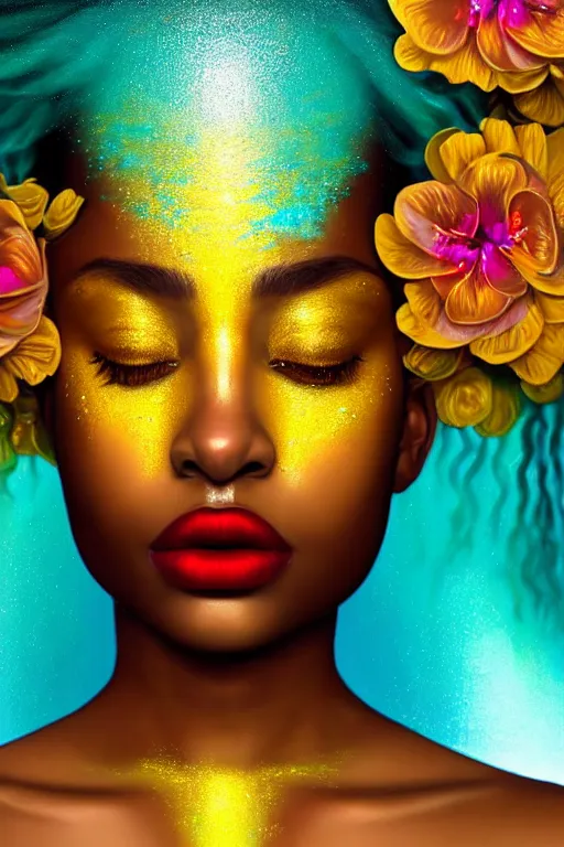 Image similar to hyperrealistic post - symbolist cinematic very beautiful! oshun goddess with white eyes, yoruba body paint, dripping mirror droplet lips, gold flowers, highly detailed digital art masterpiece, smooth etienne sandorfi eric zener dramatic pearlescent soft teal light, ground angle uhd 8 k, sharp focus