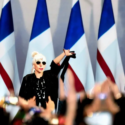 Image similar to Lady Gaga president of Argentina, Argentina flag behind, bokeh, detailed, hd, waving hands