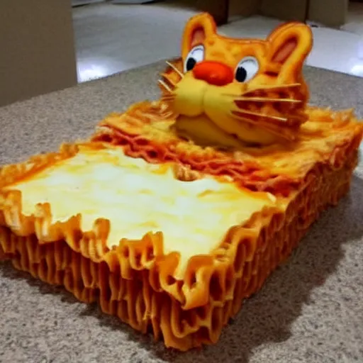 Prompt: Garfield made of lasagna