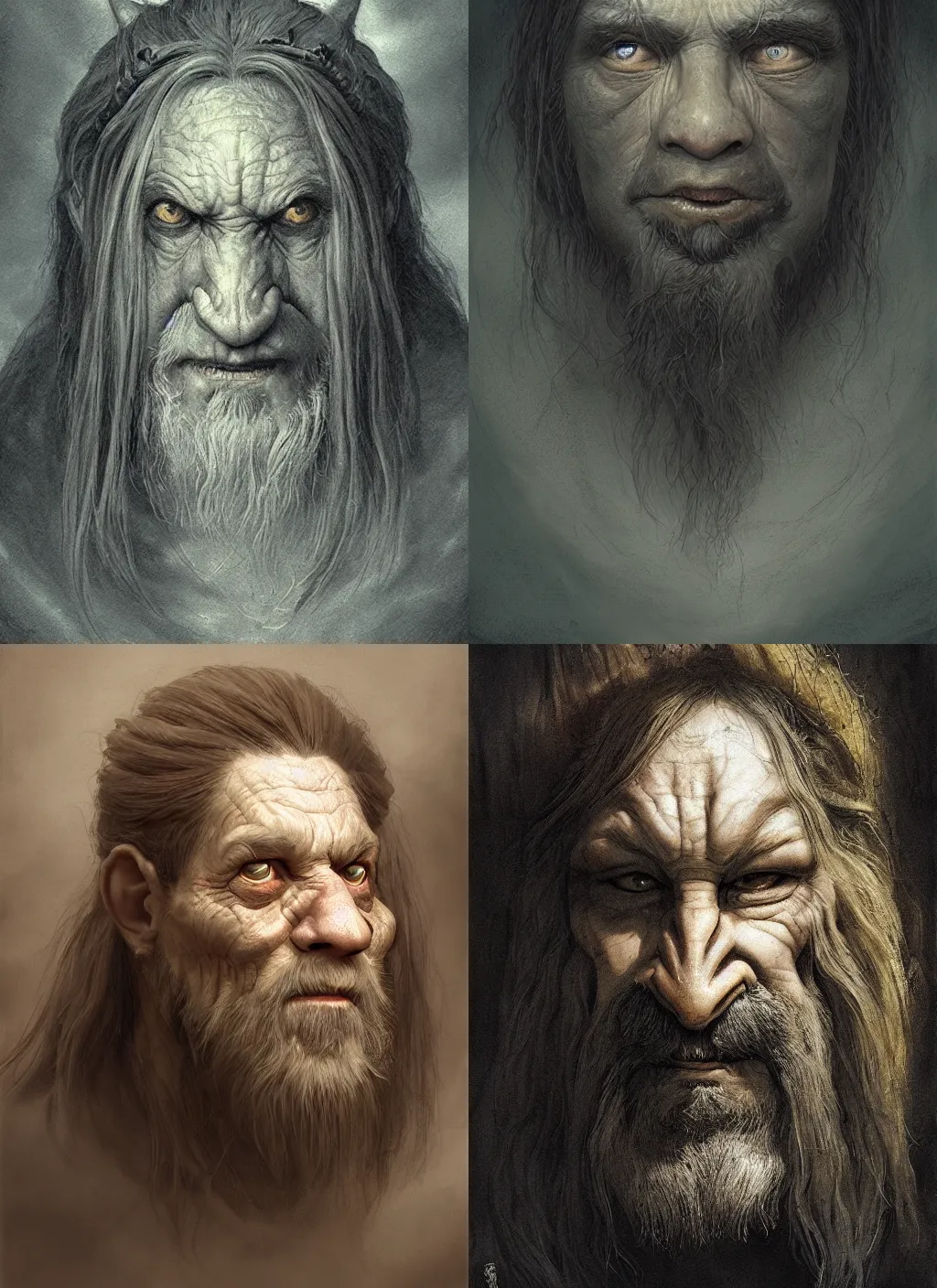 Image similar to portrait of a gentle and wise troll with long hairs in alan lee and marc simonetti and emil melmoth style , cinematic lighting