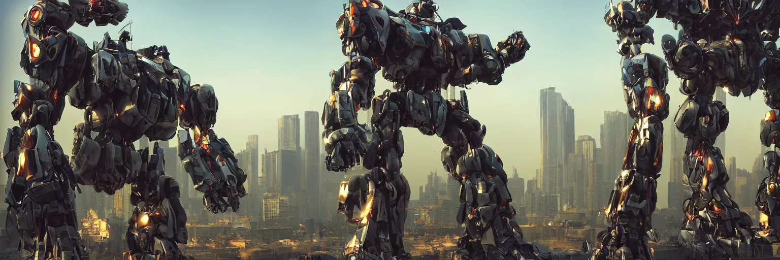 Prompt: a beautiful hyperrealistic ultradetailed 3D render of a gigantic mecha standing behinder the city, by brian sum and stephen martiniere and Antonio Manzanedo. mech, octane render, PBR, 3D, brilliantly colored, intricate, wide angle, volumetric lighting, polished, path tracing