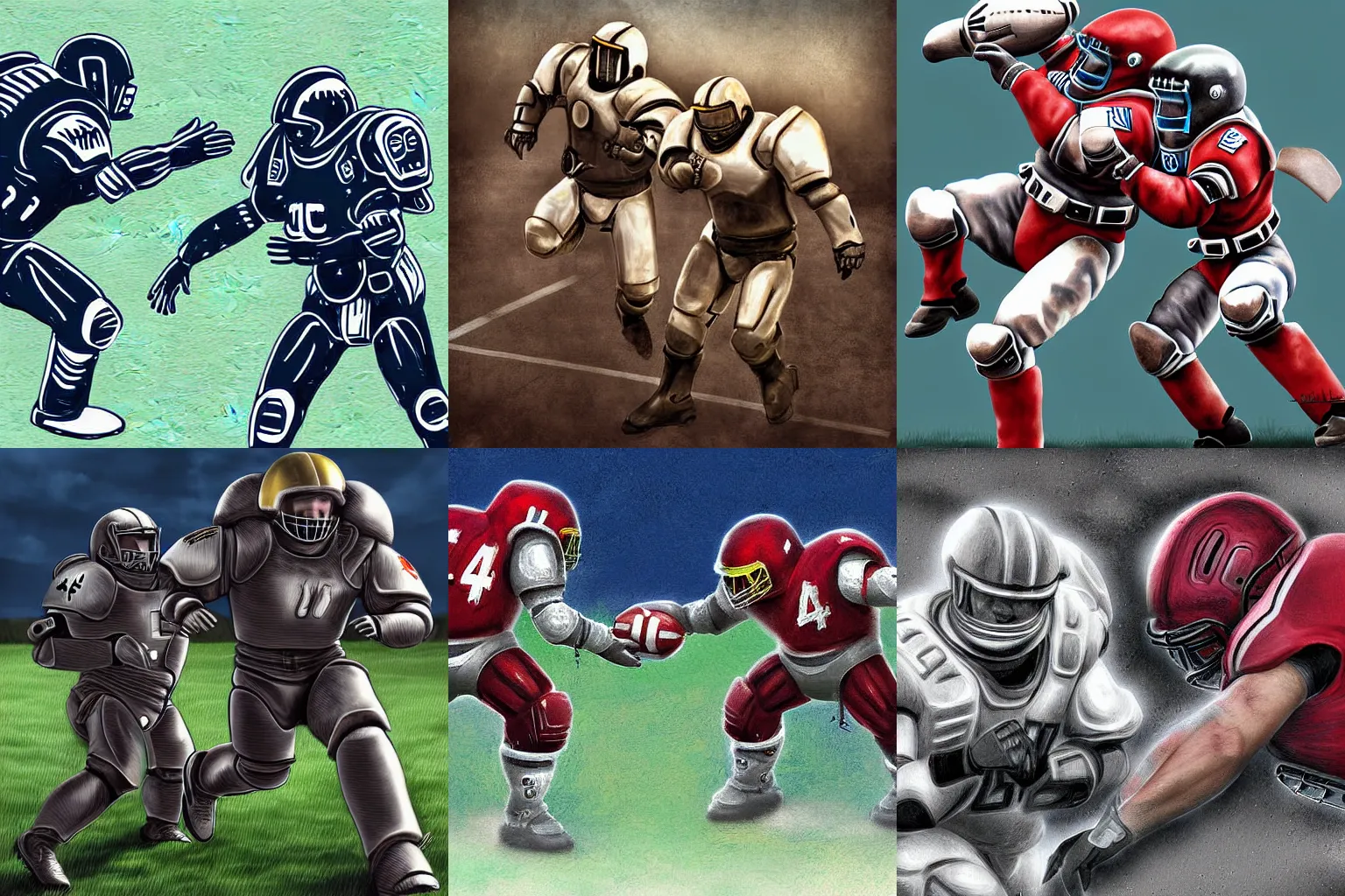 Prompt: Digital art of two Space Marines playing football. Detailed, realistic.