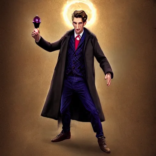 Prompt: foxish guy in a coat, casting a spell, trending on artstation, 10th doctor who