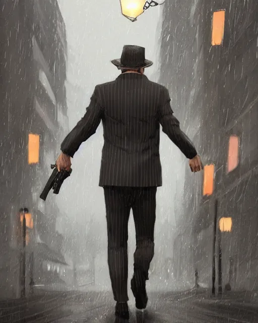 Image similar to a mysterious rugged man in a pinstripe suit holding a pistol in one hand. Pinstripe suit. Raining, street lamps, stormy, atmospheric lighting, mysterious, gloomy. By Makoto Shinkai, Stanley Artgerm Lau, WLOP, Rossdraws, James Jean, Andrei Riabovitchev, Marc Simonetti, krenz cushart, Sakimichan, D&D trending on ArtStation, digital art.