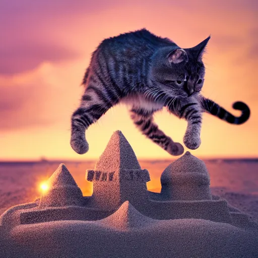 Prompt: photo of a cat building a sandcastle on a beach, photorealistic, 8 k photo, golden hour, award winning editorialized