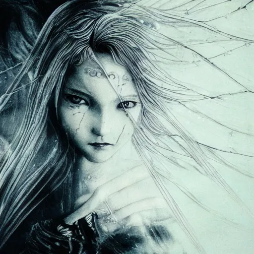 Image similar to Yoshitaka Amano blurred and dreamy illustration of an anime girl with black eyes, wavy white hair and cracks on her face wearing elden ring armour with the cape fluttering in the wind, abstract black and white patterns on the background, noisy film grain effect, highly detailed, Renaissance oil painting, weird portrait angle