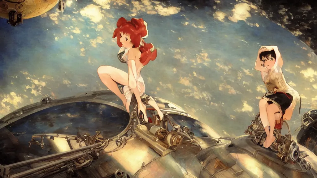 Prompt: a film still of a 1 9 5 0's mechanic anime girl sitting on top of flying ufo landing in hangar of giant ufo spaceship, sharp face focus, finely detailed features, full body mid shot, perfect art, trending on pixiv fanbox, painted by gaston bussiere, makoto shinkai, akihiko yoshida, gaston bussiere, craig mullins