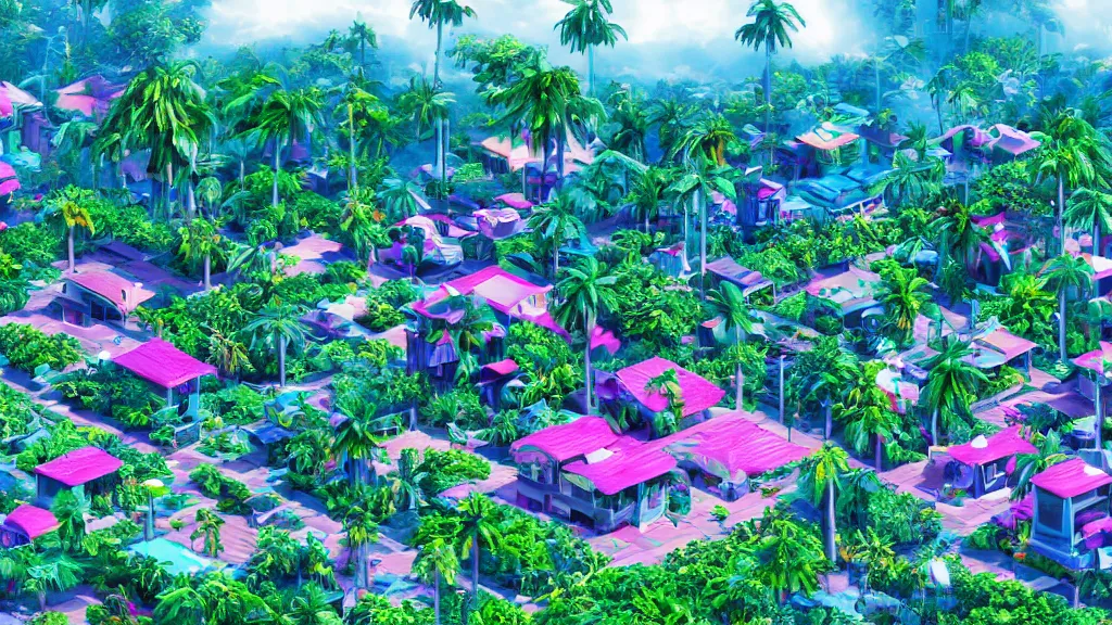 Prompt: village in a vaporwave jungle, 4k, ultra realistic, award winning photograph