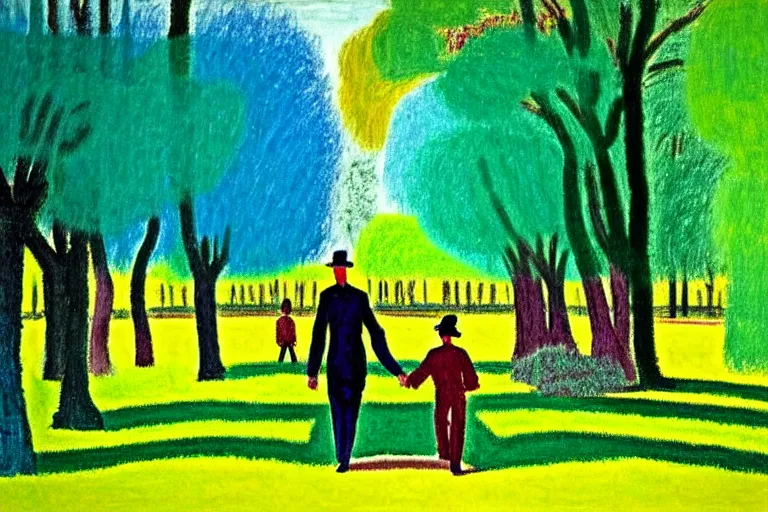 Image similar to a very tall man named John with dark hair holding the hands of a short young boy named Alex with dark hair as they walk in a park on a bright beautiful colorful day. part in the style of an edgar degas painting. part in the style of david hockney