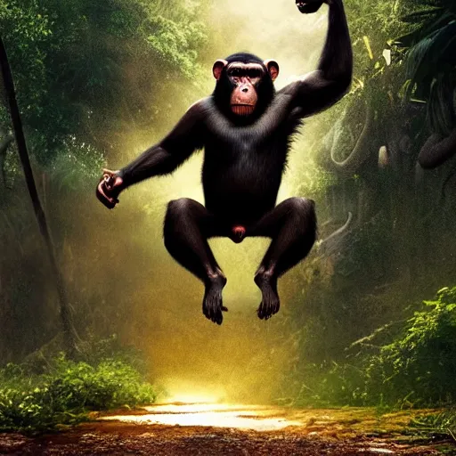 Prompt: Angry Chimpanzee Jumping, Epic Jump, Cinematic Photo, Cinematic Shot, Jungle, Foliage Boris Vallejo, Epic, 8k resolution, ArtStation, Hyperrealistic