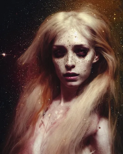 Image similar to a beautiful and eerie baroque painting of a gorgeous woman in dead space, with wild blonde hair and haunted eyes and freckles, 1 9 7 0 s, seventies, space station, neon light showing injuries, delicate ex embellishments, painterly, offset printing technique