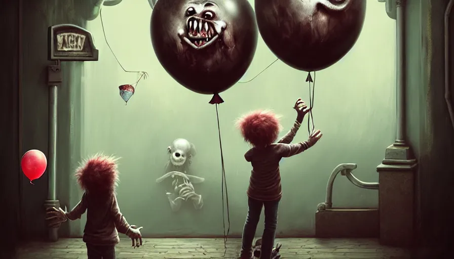 Image similar to michal karcz grunge painting of an amusement park, monster and horror theme. Monster-themed Balloon Shop. A child is is looking at the viewer. the child has a lifeless face. the child is holding a baloon. detailed, elegant, intricate, 4k,