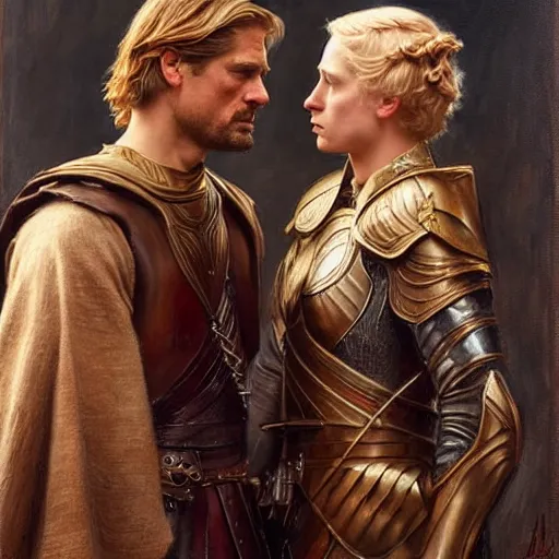 Prompt: attractive fully clothed jaime lannister confesses his love for his attractive fully clothed brienne of tarth. highly detailed painting by gaston bussiere and j. c. leyendecker 8 k