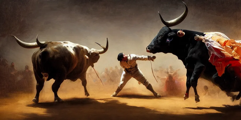 Image similar to a bullfighter fighting a bull in a bullring, mythology, extremely detailed digital painting, in the style of goya and ruan jia and jeremy lipking and peter mohrbacher, mystic colors, edge light, beautiful lighting, 4 k, scene dazzling, ray tracing, octane, trending on artstation