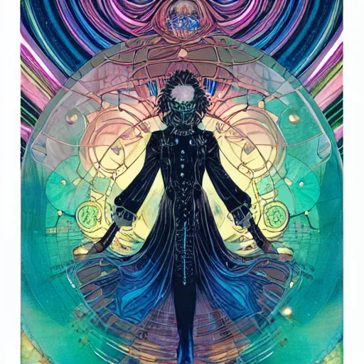 Image similar to the empress by travis charest and laurie greasley, yoshitaka amano, hiroshi yoshida, cosmic energy by Kelly McKernan, detailed, kaleidoscope, psychedelic, cosmic energy by Kelly McKernan, yoshitaka amano, hiroshi yoshida, moebius, artgerm, cool tone pastel rainbow colors, inspired by dnd, iridescent aesthetic, centered symmetrical and detailed