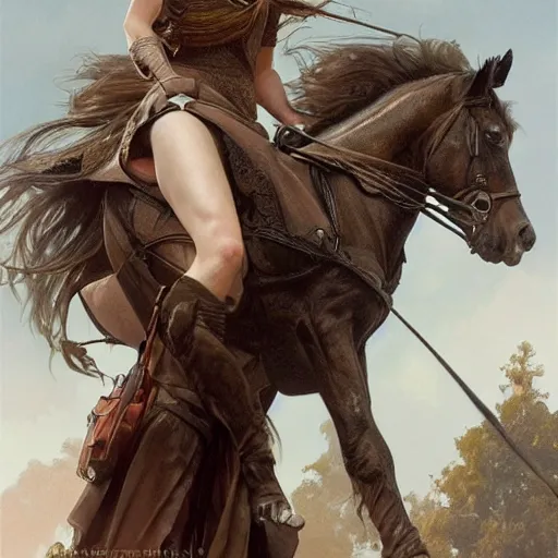 Image similar to ultra realistic illustration, emma watson on a horse, intricate, elegant, highly detailed, digital painting, artstation, concept art, smooth, sharp focus, illustration, art by artgerm and greg rutkowski and alphonse mucha