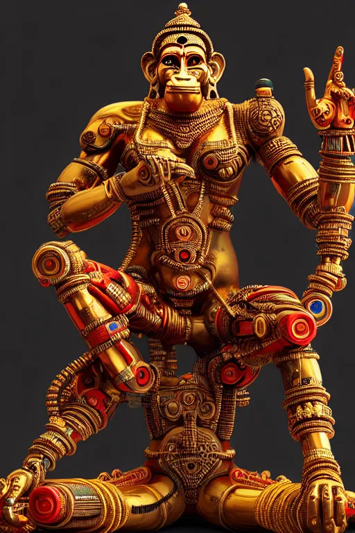 Image similar to high quality 3 d render colorful deconstructed cyborg! hanuman sitting, gold madhubani, highly detailed, cyberpunk!! mumbai in the background, vray cinematic smooth, blade runner, moody light, low angle, uhd 8 k, sharp focus