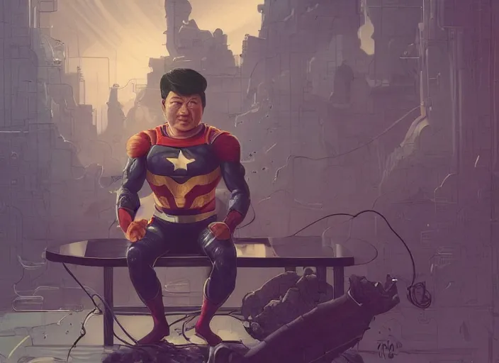 Image similar to an insanely detailed painting of an asian man wearing a homemade superhero costume, sitting at a desk, staring seriously at the computer and typing, in the style of peter mohrbacher, james jean, artgerm, dramatic lighting and composition, surreal background, octane render, pixar, trending on artstation, concept art, comic book, view from behind, 8 k