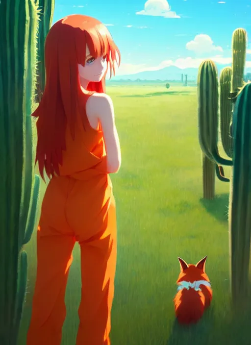 Image similar to portrait of cute redhead girl in orange jumpsuit with fox ears, holding a cactus, cloudy sky background lush landscape illustration concept art anime key visual trending pixiv fanbox by wlop and greg rutkowski and makoto shinkai and studio ghibli