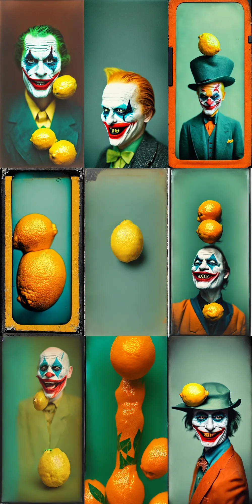 Image similar to kodak portra 4 0 0, wetplate, 8 k, shot of a highly detailed, britt marling style, colour still - life portrait of a lemon looks like 1 9 9 9 joker, teal and orange, muted coloures