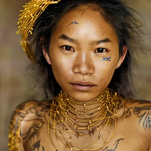 Image similar to A perfect pacific islander female goddess stands for a waist up portrait with her body sightly wrapped in thin gold wire creatively arranged so as to look like Borneo tattoos, in an abandoned barn, hyper photo realistic 8K HD HDRI, photo by Annie Leibovitz.