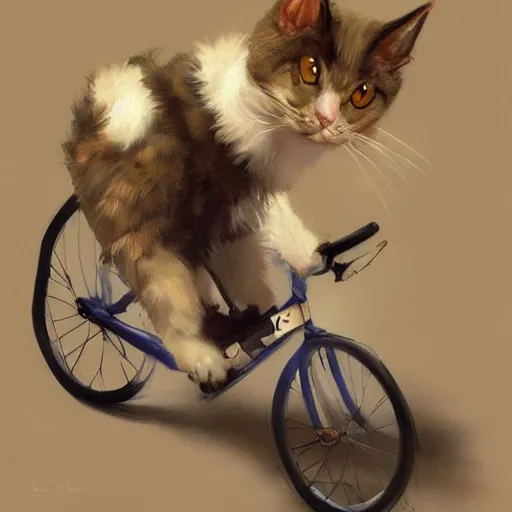 Prompt: Masterpiece portrait of cute cat riding a bicycle, digital art by Krenz Cushart, trending on artstation