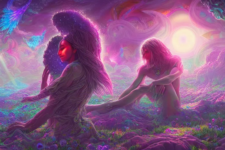 Prompt: a psychedelic realm at the edge of existence where intensely creative astral beings live, the astral beings are holding each other to share love, in the style of wlop, illustration, epic, fantasy, hyper detailed, smooth, unreal engine, sharp focus, ray tracing