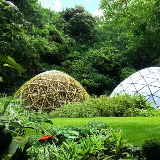 Image similar to geodesic dome with gardens and waterfall