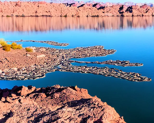 Image similar to there is a void made of teeth in lake havasu in the foreground with water reflections. my teeth are sharp. tourist trap.