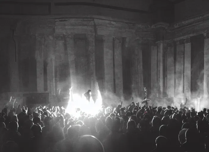 Image similar to a high resolution photograph of sunn o ) ) ) playing live at the vatican with monk robes, smoke machines, huge walls of amplifiers