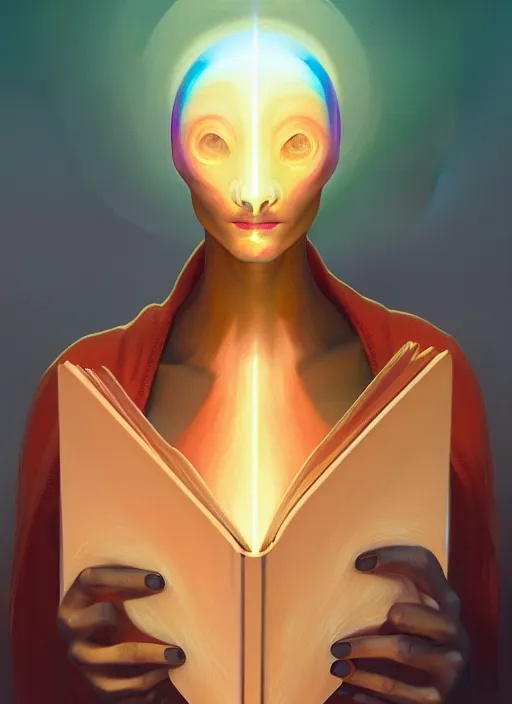 Prompt: centered painted portrait, face of a alien reading a book about humans, gloomhaven, matte painting concept art, art nouveau, beautifully backlit, swirly vibrant color lines, muted and dull colors, aesthetic octane render, 8 k hd resolution, by ilya kuvshinov and cushart krentz and gilleard james