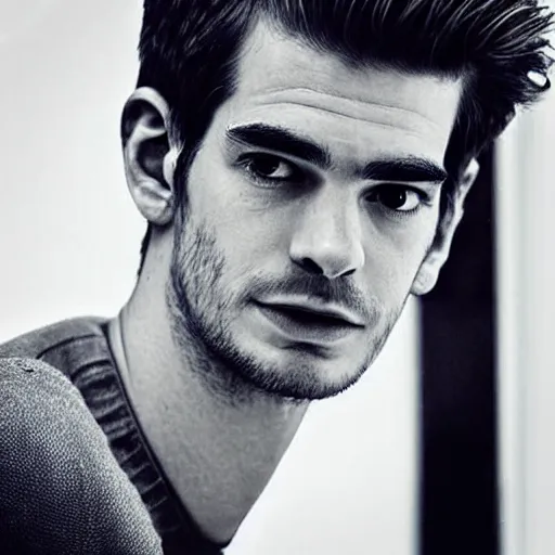 Image similar to “a realistic detailed photo of a guy who is an attractive humanoid who is half robot and half humanoid, who is a male android, Andrew Garfield, shiny skin, posing like a statue, blank stare”