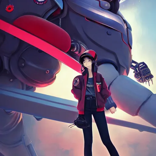 Prompt: a beautiful young woman wearing a baseball hat and bomber jacket, standing next to a giant japanese mecha, anime graphic illustration, aesthetic, gorgeous, stunning, alluring, trending on artstation, digital art, art by artgerm, greg rutkowski, rossdraws.