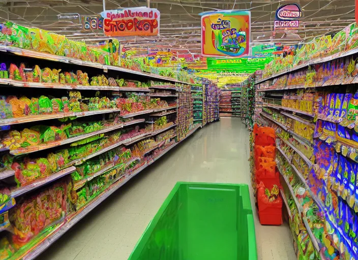 Prompt: the episode of supermarket sweep where the aisles are filled with nickelodeon slime hd