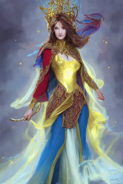 Prompt: Full portrait of Elementalist, female, gorgeous, beautiful face, Red and blue garments, yellow robes, brass bracelets, transparent cloak from neck to ankles, pin-up, highly detailed, detailed face, smooth, sharp focus, digital painting, illustration, by by Albert Aublet, Krenz Cushart, WLOP and Sakimichan, artstation, chiaroscuro