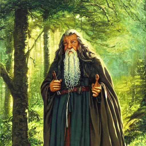 Prompt: dwarf meets gandalf in the forest painted by brothers hildebrandt as seen in the tolkien calendar 1979 acrylic painting