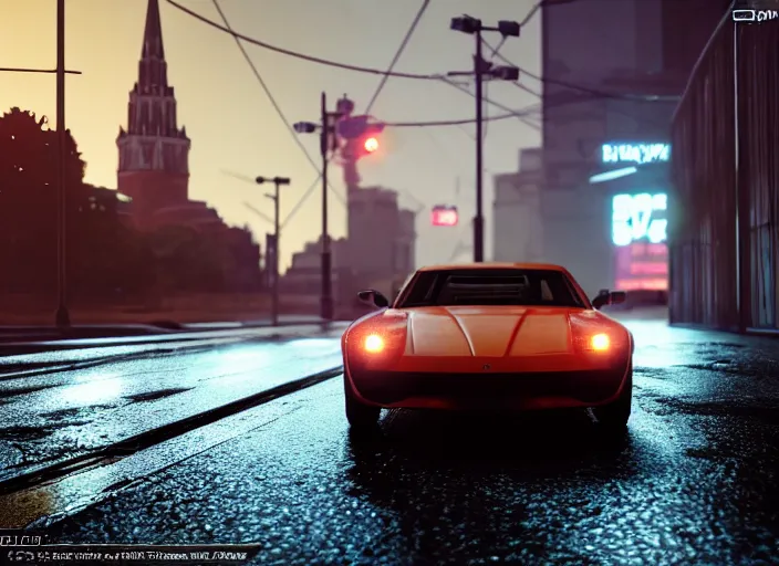 Prompt: gta in moscow, playstation 5 screenshot, mega details, dark night, orange lights, heavy rain, fog, beautiful rtx reflections, brutalism buildings, photorealistic, unreal engine 5, octane render, volumetric light, cg society, 4 k, bokeh, lada car, artstation