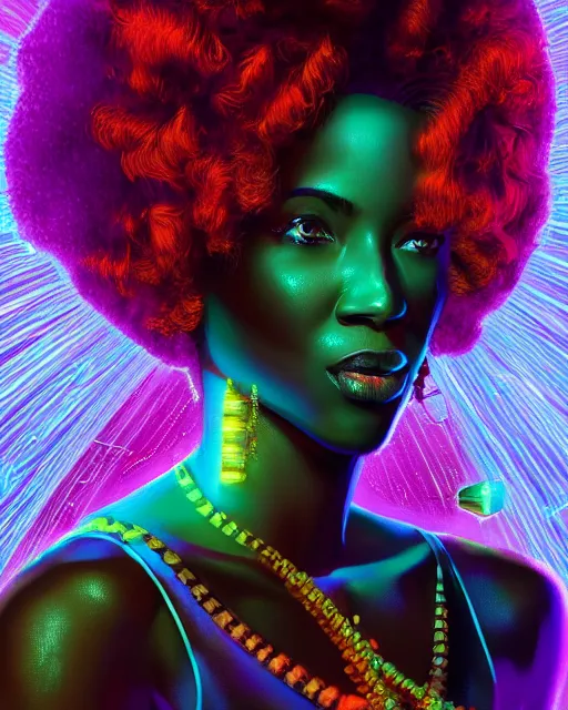 Image similar to a powerful energy psychedelic matrix afro american woman, by alexander fedosav, hyper detailed digital matte painting, concept art, hyperrealism, 1 6 k resolution, cinema 4 d, 8 k resolution, trending on artstation, behance hd, a masterpiece, by stephan martiniere, particles, cel - shaded, power bright neon energy, by david a. hardy