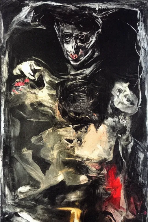 Image similar to menacing portrait of medici emerging from the dark void, loneliness in the dark void, painted by Adrian Ghenie, Eugène Delacroix, Francis Bacon painted by Lucian Freud, polaroid, Renaissance, John Singer Sargant, glitch