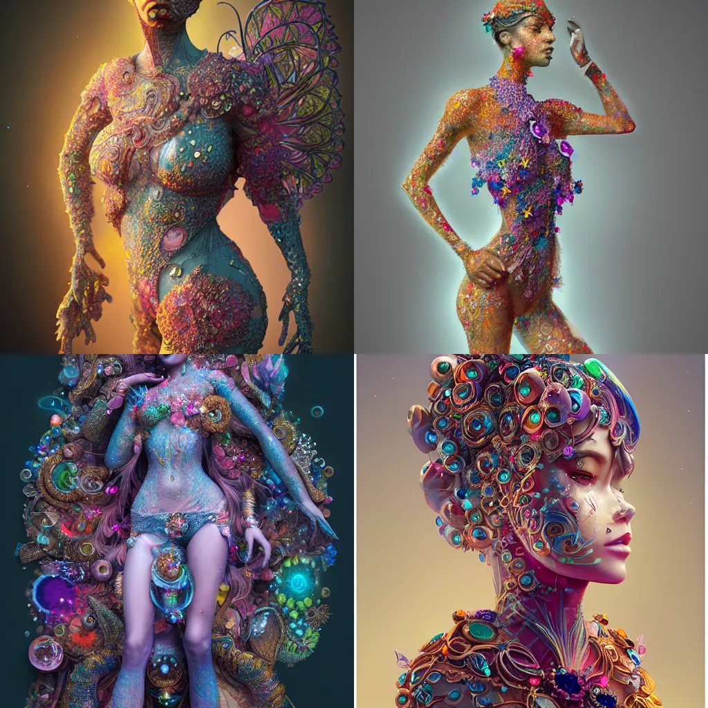 Prompt: a stunning rendition of full-body female sculpture made of fractal gems, fractal crystals, intricate details, hyperrealistic, octane render, very colorful, vibrant, cinematic, ornate, luxury, elite, james jean, brian froud, ross tran,