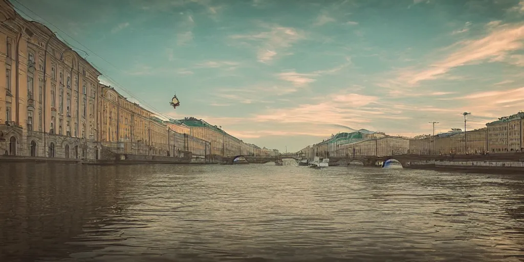 Prompt: cinematic street shot of a floating saint petersburg city, telephoto, anamorphic cinematography, beautiful composition, color theory, leading lines, photorealistic, moody volumetric lighting