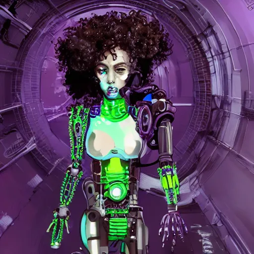 Prompt: highly detailed portrait of a sewerpunk young lady with a wild purple curly hair and small cybernetic face modifications, robotic limbs, by Akihiko Yoshida, Greg Tocchini, Greg Rutkowski, Cliff Chiang, 4k resolution, persona 5 inspired, vibrant green, brown, purple and black color scheme!!! ((Sewer rave background))