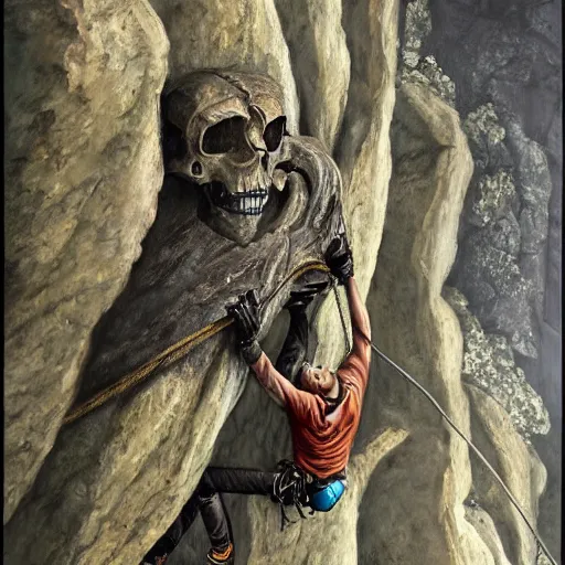 Image similar to rock climber climbing a giant ancient dragons skull, very detailed, fantasy art, dungeons and dragons, belaying, ropes, landscape, cover of national geographic