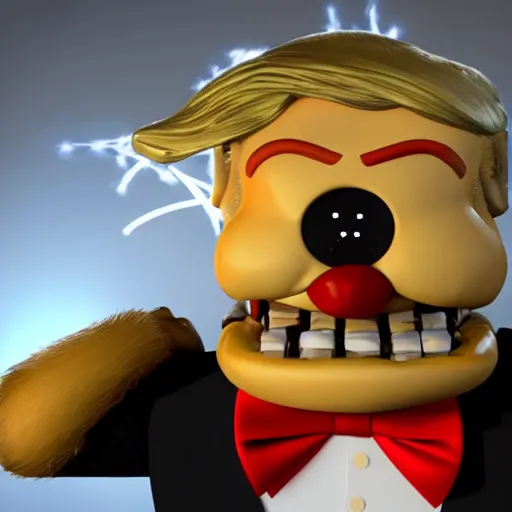 Image similar to Donald Trump with Five Nights At Freddy body, realistic artstyle, wide shot, dramatic lighting, octane render, hyperrealistic, high quality, highly detailed, HD, beautiful, cinematic, 8k, unreal engine, facial accuracy, symmetrical