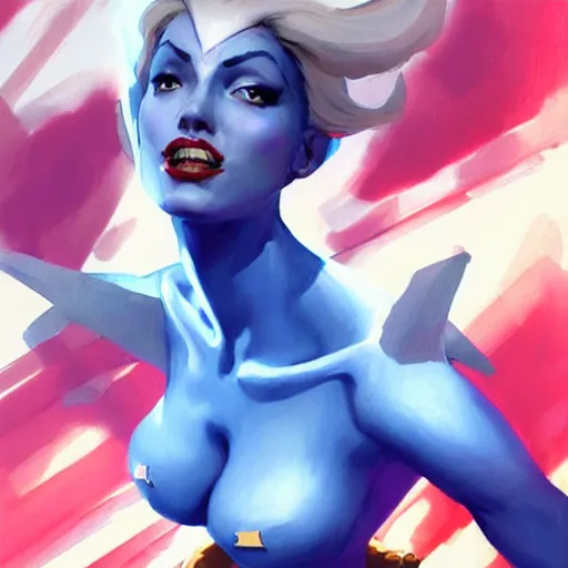 Image similar to Greg Manchess portrait painting of Mystique as Overwatch character, medium shot, asymmetrical, profile picture, Organic Painting, sunny day, Matte Painting, bold shapes, hard edges, street art, trending on artstation, by Huang Guangjian and Gil Elvgren and Sachin Teng