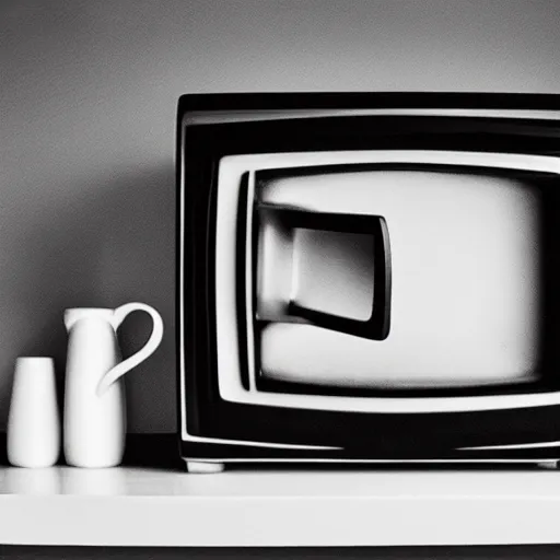 Prompt: a black and white acrylic painting of a crt television next to a mug