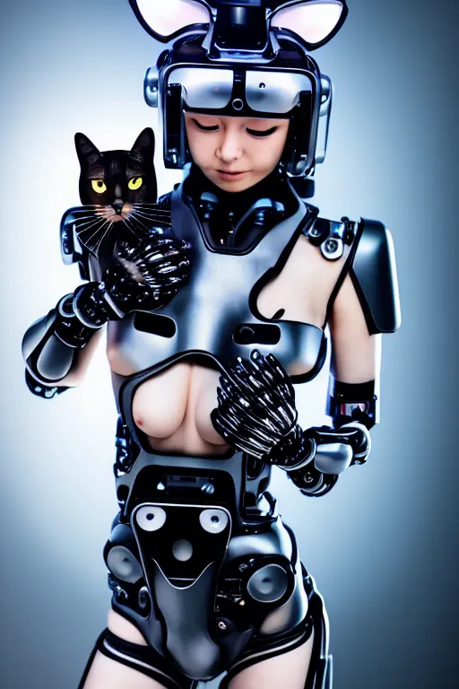 Image similar to cybernetic high tech catgirl with a cybercat on her head, sci - fi, cyberpunk, futurism, exoskeleton, strong artificial intelligence, symmetry, cinematic, elegant, luxury, professional studio light, perfect composition, dlsr photography, sharp focus, 8 k, ultra hd, sense of awe, highly detailed, hyper realistic, intricate, science journal cover